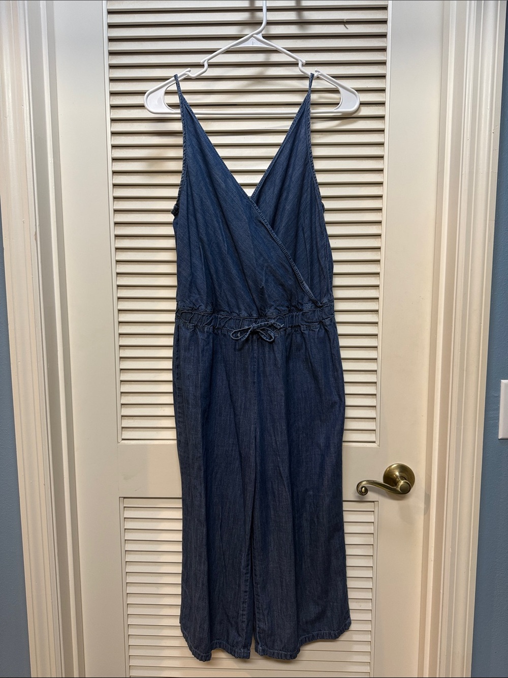 X Jeans Sleeveless Denim Jumpsuit with V-Neck faux drawstring in front